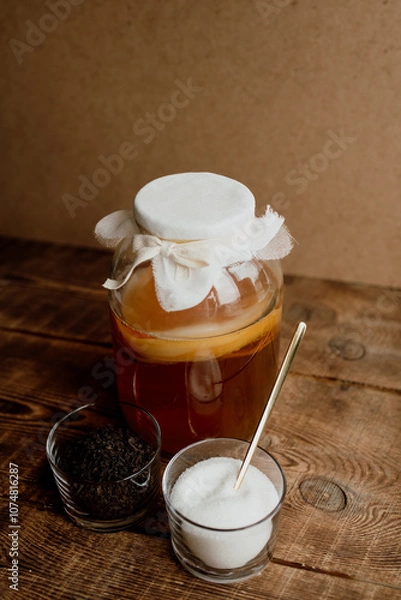 Obraz Glass jar with kombucha drink on a wooden background and ingredients for making the drink, sugar and tea. Homemade healthy drink with probiotic