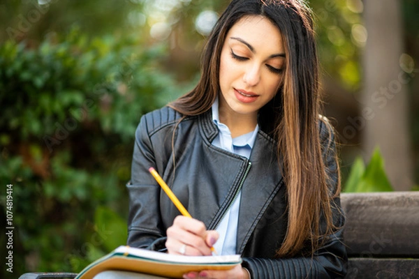 Fototapeta Beautiful female college student reading a book on a bench in a park and taking notes
