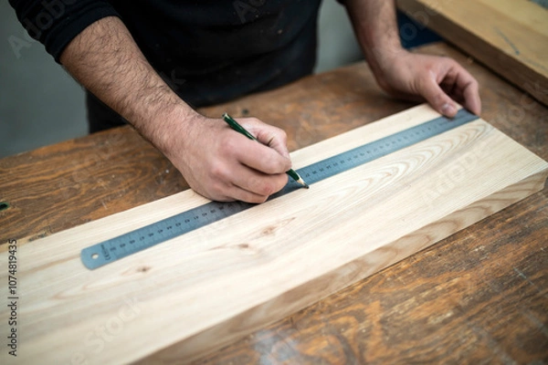 Fototapeta Carpenter holding a measure tape on the work bench