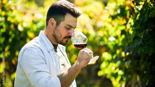 Fototapeta Winemaker smelling red wine in glass at vineyard