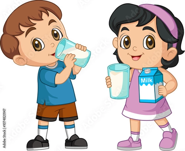 Obraz two little kid hold and drink a glass of fresh milk