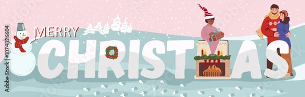 Fototapeta Merry christmas text. Color inscription with tiny people engaged in winter activities, Flyer, invitation, sticker, banner, vector illustration.