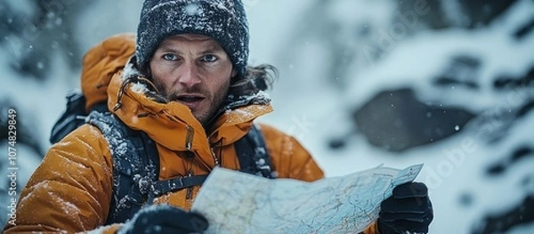 Obraz Man Looking at a Map in the Snow