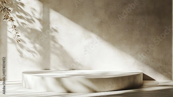 Fototapeta Modern minimalist interior featuring natural light and soft shadows on a unique stone surface.