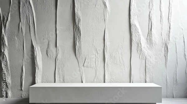 Obraz Modern minimalist interior with textured white wall and clean white bench, creating a serene atmosphere.