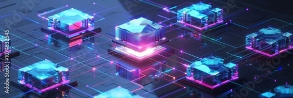 Fototapeta Intricate blockchain network visualization with interconnected nodes and lines glowing in blue and purple isolated on a dark gradient background
