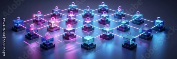 Fototapeta Intricate blockchain network visualization with interconnected nodes and lines glowing in blue and purple isolated on a dark gradient background