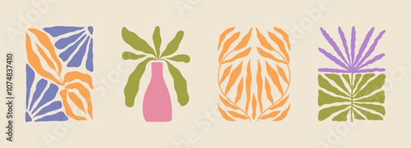 Fototapeta Trendy aesthetic posters with abstract groovy floral shape with flowers and leaves. Simple irregular wild plants. Naive funky prints for wall art, interior decorations. Boho summer illustrations