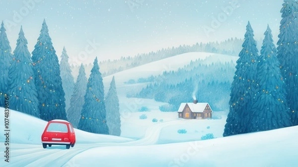Fototapeta Red car driving through snowy forest, distant cozy cabin, in concept of christmas homecoming