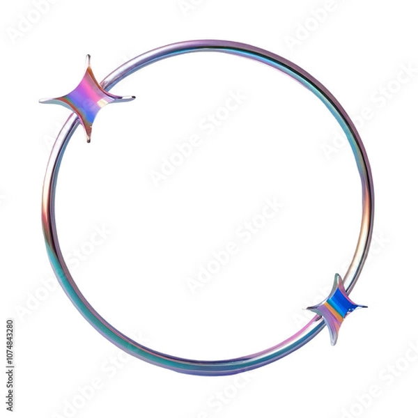 Fototapeta 3D chrome element in Y2K style, isolated background, liquid holographic metal. Silver circle with two sparkles on it, shiny mirror surface.