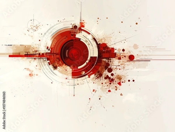 Fototapeta Abstract red and white design with geometric shapes and splatter effects.