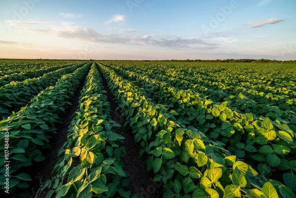 Fototapeta Vast agricultural field at sunset, showcasing rows of vibrant soybean green crops under a vast sky