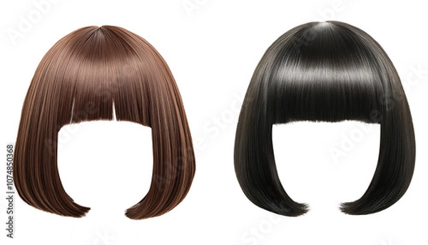 Fototapeta Two beautiful women's classic bob style wigs in black and brown. transparent background