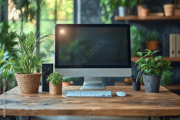 Obraz "Modern ergonomic office workspace showcasing cutting-edge technology and professional organization, ideal for boosting productivity in contemporary corporate environments