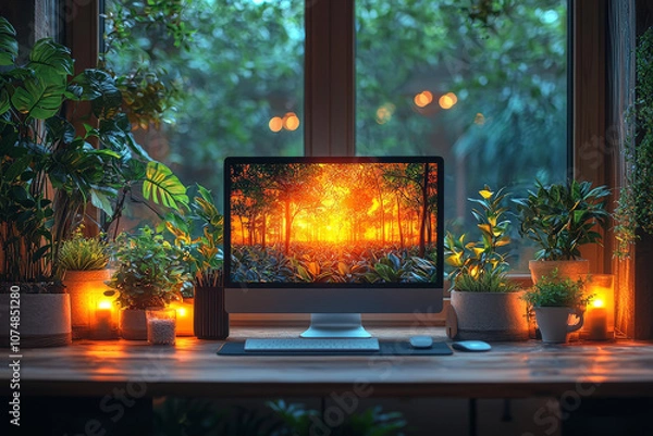 Obraz "Modern ergonomic office workspace showcasing cutting-edge technology and professional organization, ideal for boosting productivity in contemporary corporate environments