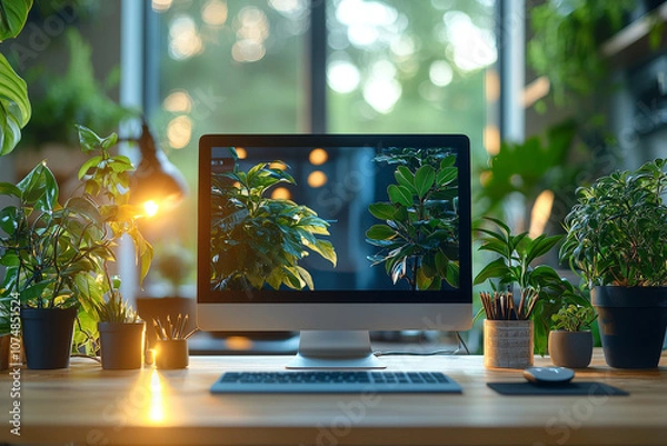 Obraz "Modern ergonomic office workspace showcasing cutting-edge technology and professional organization, ideal for boosting productivity in contemporary corporate environments