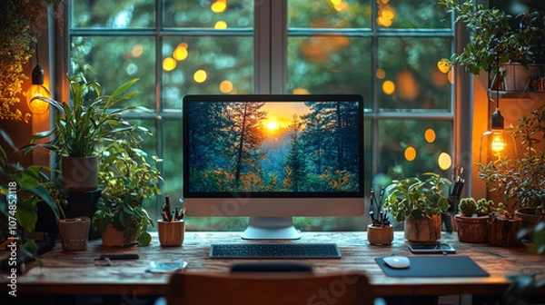 Obraz "Modern ergonomic office workspace showcasing cutting-edge technology and professional organization, ideal for boosting productivity in contemporary corporate environments