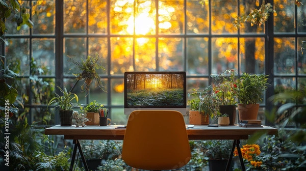 Obraz "Modern ergonomic office workspace showcasing cutting-edge technology and professional organization, ideal for boosting productivity in contemporary corporate environments