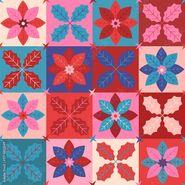 Fototapeta Merry Christmas happy new year  winter holidays seamless pattern  with geometric scandinavian nordic folk art style poinsettia flowers and holly leaves in checkers, scandi xmas vector illustration