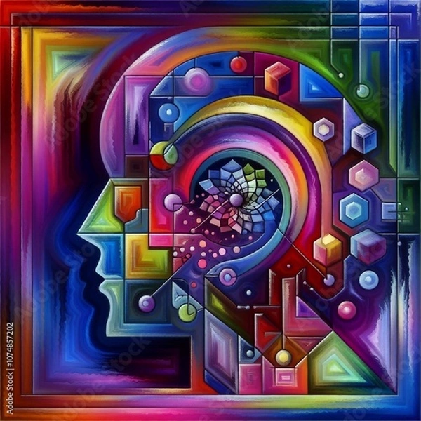 Fototapeta An abstract portrait of a human head with a geometric pattern inside, representing the complexities of the mind.