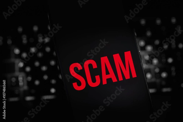 Fototapeta mobile smartphone with red text SCAM on a black screen closeup