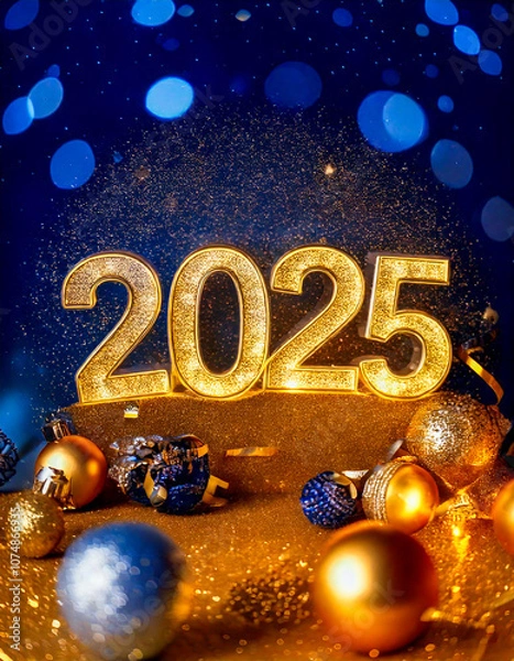 Obraz Happy New Year 2025 sparkling design of numbers on dark blue background 