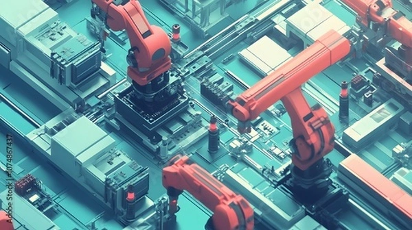 Obraz 
Manufacturing Automation. Advanced High Precision Robot Arms on Automated PCB Assembly Line Inside Modern Electronics Factory. Electronic Devices Production Industry. Component Installation Process.