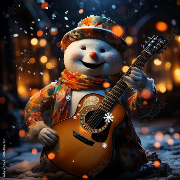 Obraz A cheerful snowman dressed in colorful attire, including a patterned hat and scarf, holds an acoustic guitar and appears joyful, performing music. The background is snowy with warm glowing lights.