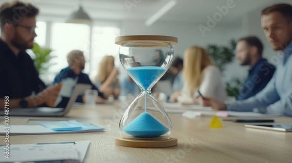 Fototapeta An hourglass sits on a table in a meeting room as a group of professionals work in the background.