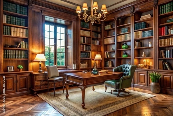 Fototapeta a library with a green chair and a table with a lamp on it