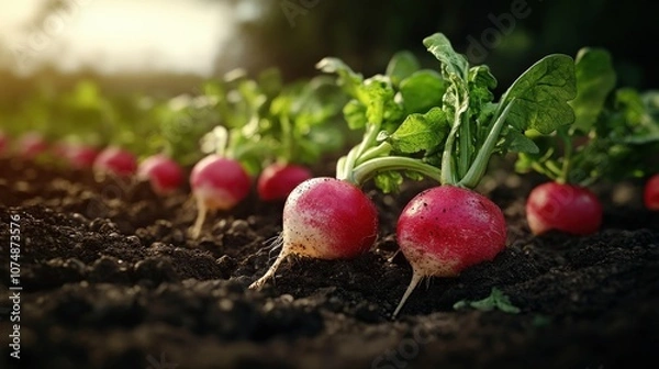 Obraz Fresh radishes emerge from rich soil, showcasing vibrant colors and healthy greens in a sunlit garden setting.