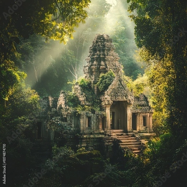 Obraz Ancient Temple Emerging From Lush Jungle Light