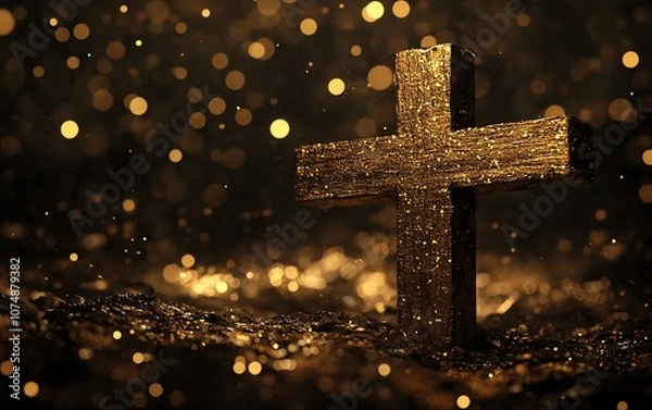 Fototapeta Wooden cross with glowing bokeh lights in the background, symbolizing the sacredness of Easter and Jesus death, generative AI, solemn and reverent atmosphere