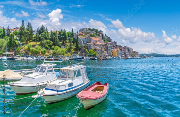 Fototapeta Serene harbor of Sibenik, Croatia, featuring boats docked along the Adriatic coast, historic buildings, and clear blue waters on a sunny day.