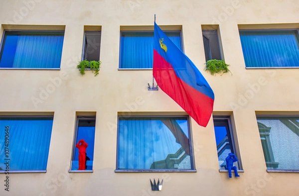 Fototapeta Liechenstein flag in the city centre of Vaduz