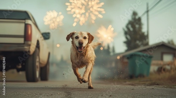 Obraz Frightened Dog Running Away from Loud Fireworks on Street