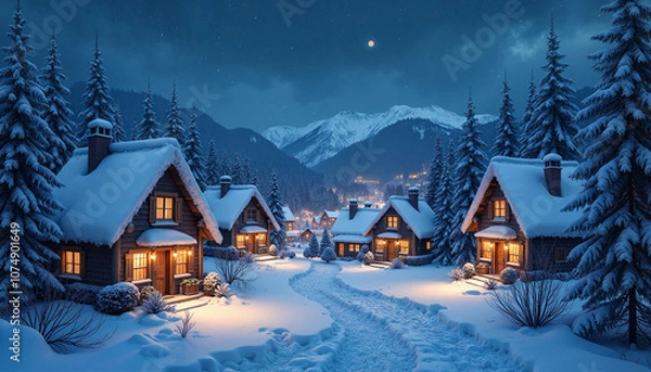 Fototapeta Snowy Village Houses Among Pine Trees with Mountain Backdrop on Winter Night