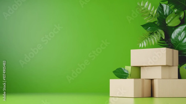 Fototapeta Eco-Friendly Boxes Arranged on a Smooth Gradient Background with Lush Green Foliage for Sustainable Packaging Concepts and Environmental Themes