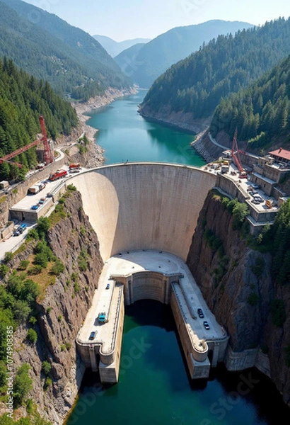 Fototapeta Aerial view of a modern dam in a mountainous, forested area, highlighting engineering and nature harmony.

