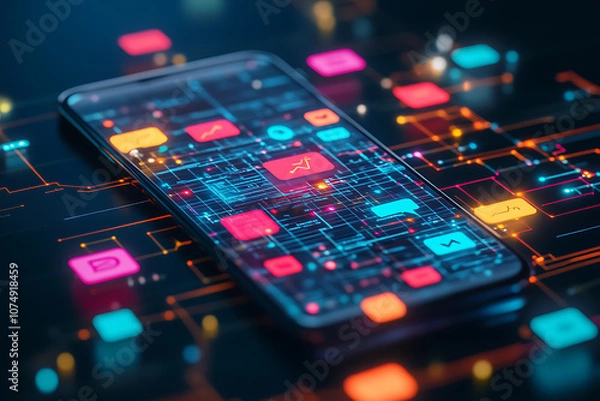 Fototapeta A smartphone with colorful chat icons bursting out, overlaying a complex flowchart below, symbolizing interconnected communication and digital organization.