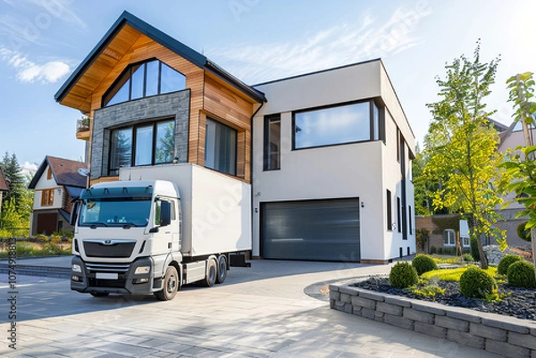 Fototapeta Modern house with a delivery truck parked outside, showing contemporary architecture and design.