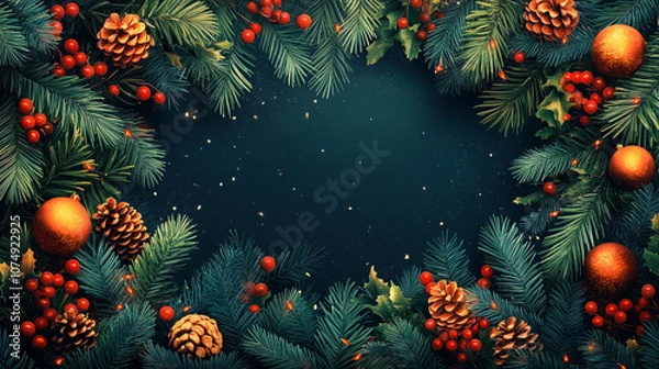 Fototapeta Festive Christmas flat lay featuring wrapped gift, pinecones, ornaments, and evergreen branches on a green background with lights. 