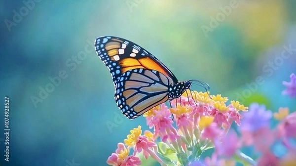 Fototapeta Vibrant monarch butterfly perched delicately on colorful lantana flowers, wings spread against a soft, dreamy turquoise background. Nature's beauty in macro.