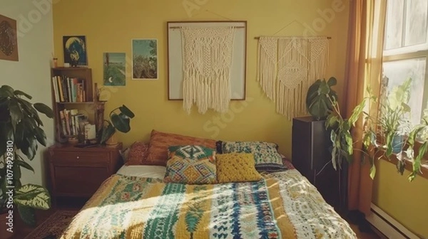 Obraz Cozy Bohemian Bedroom Interior with Macrame Wall Hangings and Plants