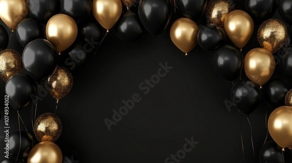 Fototapeta A black and gold balloon arch with many balloons