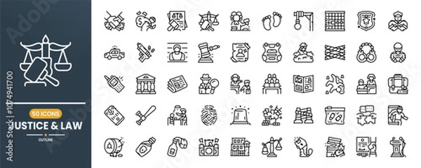 Obraz Justice and Law vector line icon set. Contains linear outline icons like Court, Legal, Judge, Crime, Lawyer, Criminal, Prison, Police, Gavel, Verdict, detective, Spy. Editable use and stroke.