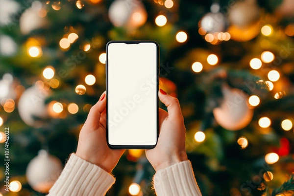 Fototapeta hand holding a phone with blank white screen, blurred christmas tree in the background