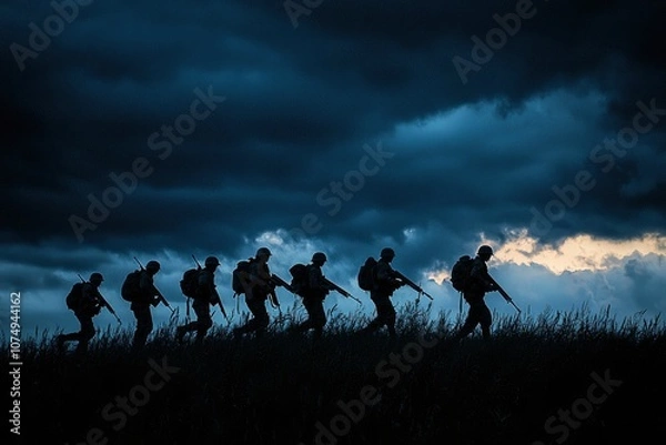 Obraz World War Soldiers Silhouette Below Cloudy Skyline At night 