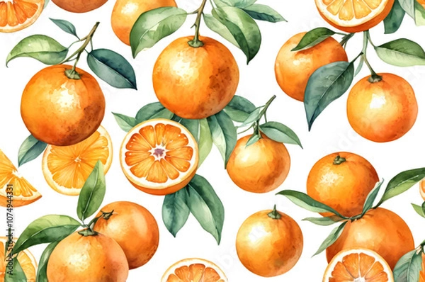 Fototapeta White background with painted orange watercolor oranges and slices. Pattern