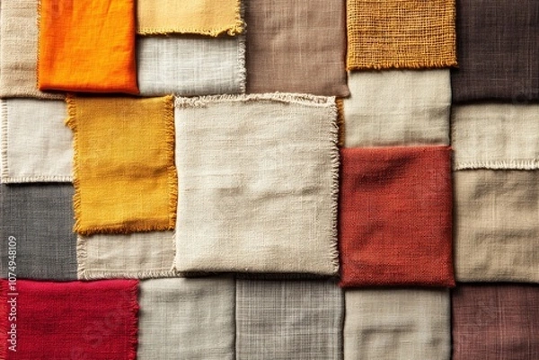 Obraz A colorful assortment of textured fabric swatches arranged in a geometric pattern, showcasing various materials and hues.
